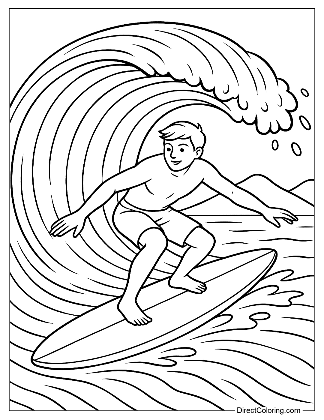 coloring page of Big waves rolling in and a surfer riding through